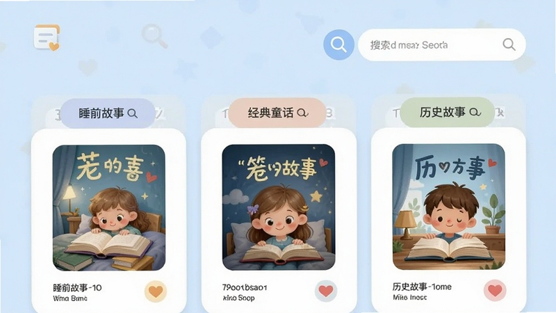 有听故事圈故事资源库界面,展示多个分类标签如睡前故事、经典童话、历史故事,每个分类下显示故事封面和播放次数,界面采用卡片式布局,色彩柔和,背景为浅蓝色,画面中有一个放大镜图标和搜索框,突出资源丰富和搜索功能