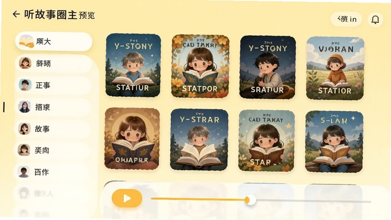 有听故事圈主界面预览图,展示故事分类列表和播放控制栏,整体风格温暖明亮,背景为淡黄色,界面中央显示多个故事封面缩略图,下方有播放按钮和进度条,画面清晰,适合应用商店截图风格