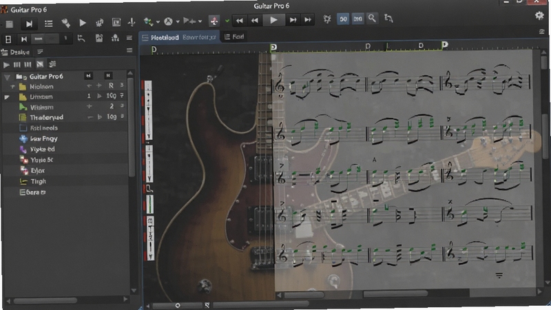 一张Guitar Pro 6软件主界面的高清截图,左侧为乐谱列表,右侧为六线谱编辑区,顶部有播放控制按钮,界面整体呈深灰色调,背景隐约有电吉他轮廓,画面居中,风格专业,适合软件介绍预览图