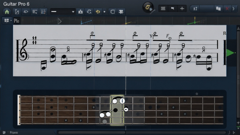 Guitar Pro 6软件编辑界面特写,画面中央放大显示一段六线谱,音符上标注有推弦符号,下方虚拟指板图高亮显示一个和弦按法,界面配色为深蓝与灰色,灯光柔和,强调细节与专业性