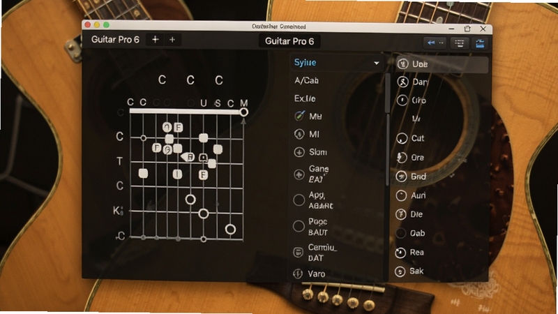 Guitar Pro 6和弦库功能界面,屏幕显示一个C大调和弦的指板图,旁边有多个和弦名称列表,界面简洁明亮,背景有一把木吉他的局部特写,突出音乐学习氛围