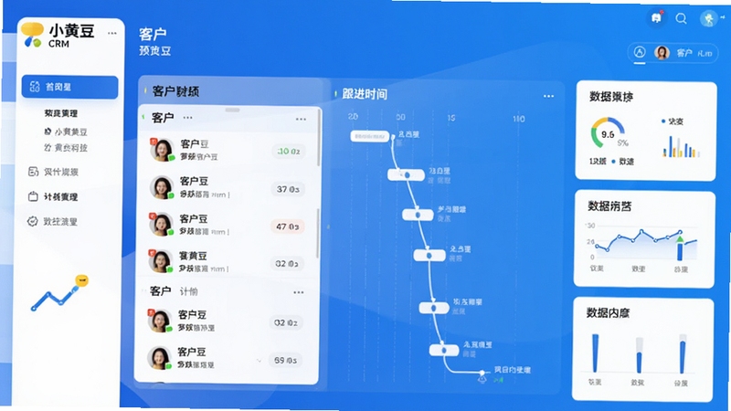 小黄豆CRM主界面预览图,画面中央显示客户列表与跟进时间轴,背景为蓝色渐变商务风格,界面元素清晰,包含左侧功能导航栏与右侧数据统计卡片,整体明亮简洁,突出软件名称小黄豆CRM