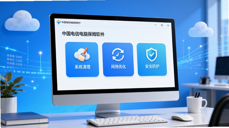 画面主体为中国电信电脑保姆软件主界面,展示在现代化办公桌面的电脑屏幕上,界面清晰显示“系统清理”、“网络优化”、“安全防护”等核心功能模块,背景为明亮的科技感蓝色调,搭配简约的云朵与数据流线条元素,整体风格专业且亲和,适配Boogu模型生成。