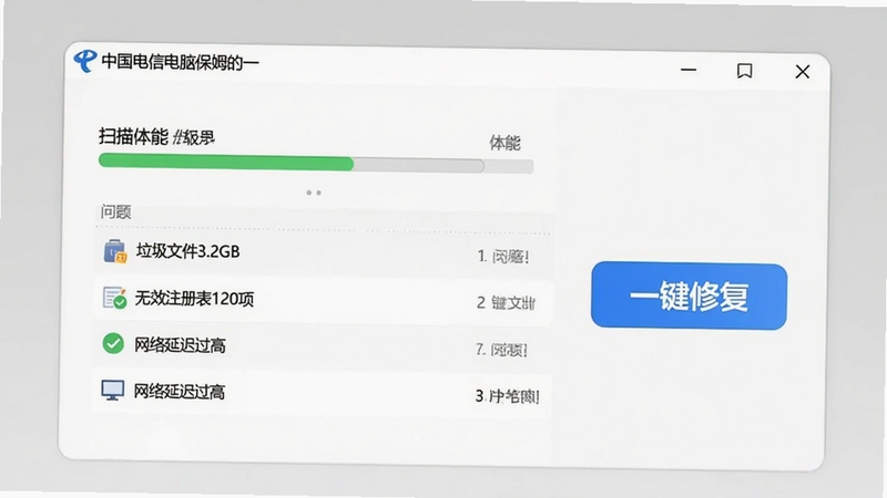 展示中国电信电脑保姆的一键体检功能界面,电脑屏幕上显示扫描进度条与发现的问题列表,包括“垃圾文件3.2GB”、“无效注册表120项”、“网络延迟过高”等条目,旁边有醒目的蓝色“一键修复”按钮,整体界面简洁明亮,背景为纯色浅灰,突出软件界面细节,适配Boogu模型生成。