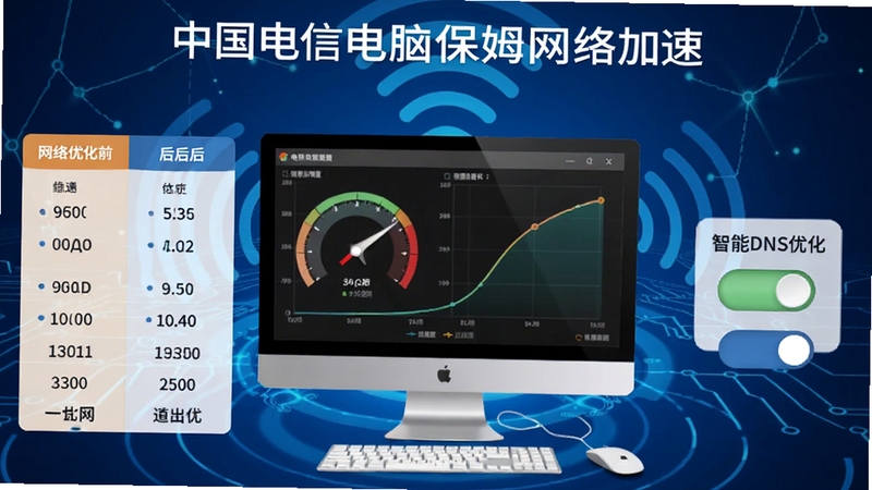 一张展示中国电信电脑保姆网络加速功能的示意图,画面中央为电脑屏幕显示网络测速结果与延迟曲线,左侧有网络优化前后的对比数据,右侧为“智能DNS优化”开关,背景为带有网络信号波纹的蓝色科技图案,整体视觉传达高速与稳定,适配Boogu模型生成。