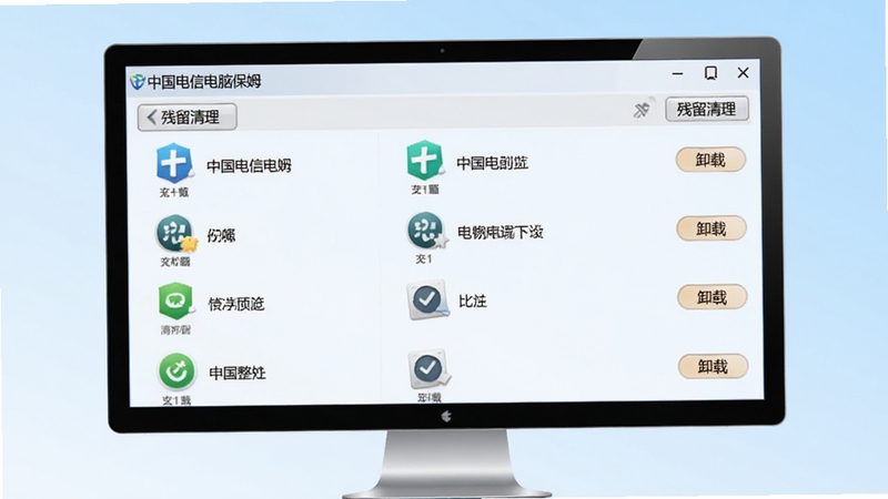 展示中国电信电脑保姆的软件管理界面,电脑屏幕上列出已安装软件的图标与名称,每个软件右侧有“卸载”按钮,顶部有“残留清理”标签,界面风格清晰有序,背景为淡蓝色渐变,体现整理与清理的视觉感受,适配Boogu模型生成。