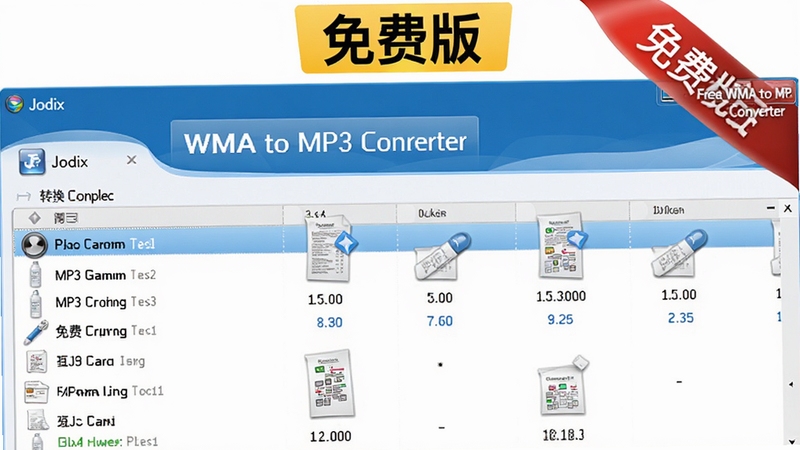 Jodix Free WMA to MP3 Converter 免费版功能展示图,画面中显示软件主界面,顶部有“免费版”标识,界面中展示转换完成的文件列表,背景为纯白色,画面简洁,突出软件免费使用的特性,高清渲染,产品截图风格。