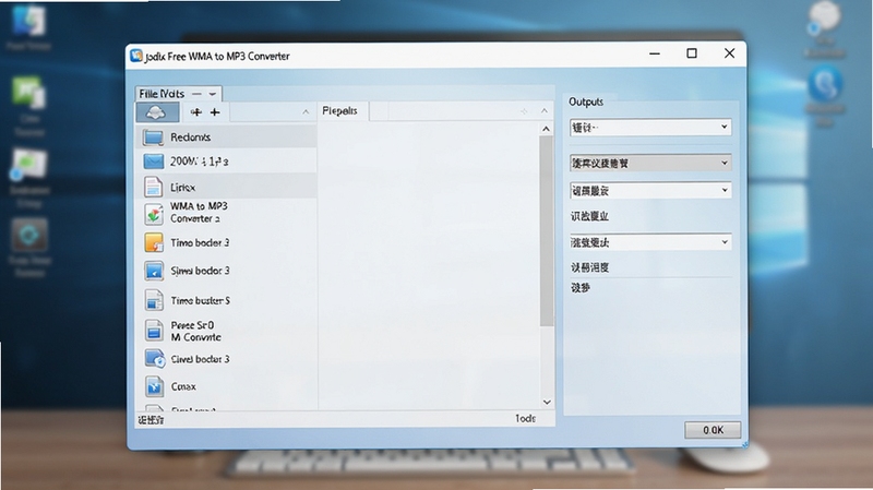 Jodix Free WMA to MP3 Converter 软件主界面预览图,展示简洁的窗口布局,左侧为文件列表区域,右侧为输出设置面板,背景为淡蓝色渐变,图标清晰,整体风格现代,画面主体为软件窗口,占据画面中央,背景为模糊的电脑桌面,突出软件界面细节,4k高清,产品截图风格。