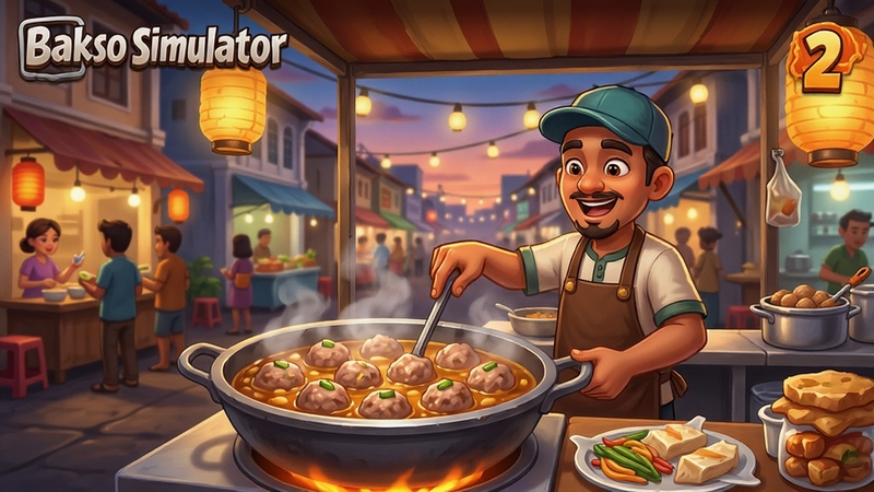 Bakso Simulator 2 ��Ϸ�����棬һ�����ֵ�ӡ���ͷС��̯��̯�������������ڵ���������ǰæµ�������ǻƻ�ʱ�ֵĽ־���ůɫ���ƹ⣬����������������ͨ���ϸ�ڷḻ���ʺ���Ϊ��Ϸ����ͼ