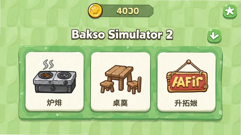 Bakso Simulator 2 ��Ӫ�����ͼ����ʾ���������˵�������¯����Ρ����Ƶ�ѡ����������ʾ����Ļ�Ϸ�����������������ͨUI���ǳ��ɫ�����������������õ���������