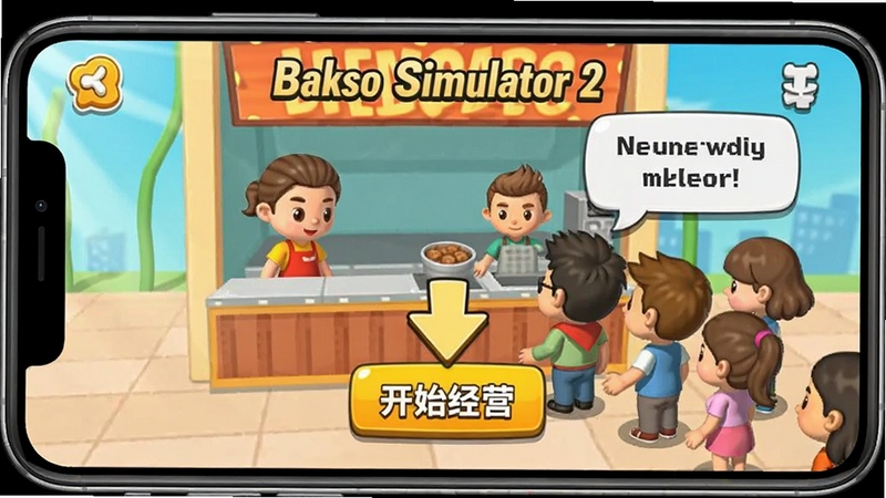 Bakso Simulator 2 ���ֽ̳̽�ͼ����ʾһ���ֻ���Ļ�ϵ���Ϸ���棬�м��м�ͷָʾ�������ʼ��Ӫ����ť����Χ�п�ͨ�˿��Ŷӣ������࣬����ʾ���ݣ�ɫ������