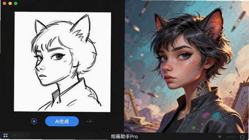 绘画助手Pro的AI绘画功能演示,左侧是简单草图,右侧是AI优化后的成品图,色彩丰富细节精细,界面下方有“AI生成”按钮,软件名称“绘画助手Pro”显示在底部状态栏