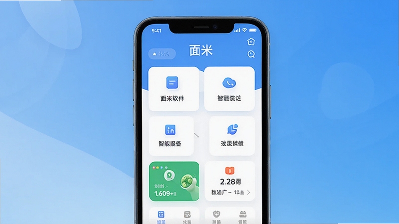 面米软件主界面全貌预览图,画面中央展示手机屏幕内的面米应用功能模块布局,背景为渐变蓝色调的现代简约风格,突出智能生活管理主题,界面元素清晰明亮,符合移动端软件展示氛围