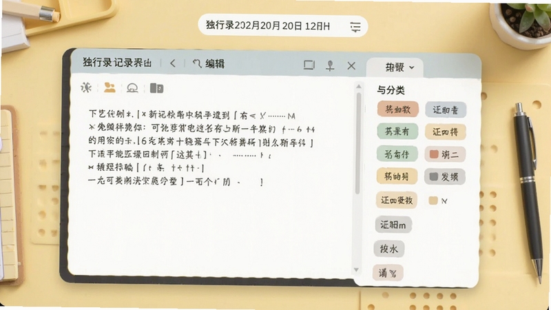 独行录多功能记录界面,左侧是文字编辑区,右侧是标签与分类选项,背景为淡黄色工作台,上方有日期选择器,整体布局清晰,色彩柔和,突出便捷的记录方式