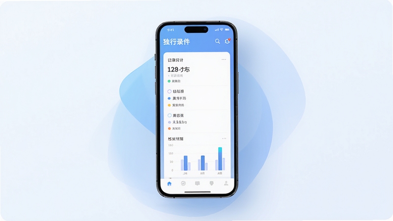 独行录软件主界面预览图,手机屏幕展示日记列表与统计图表,背景为简约渐变蓝色,画面主体为手机居中,周围有柔和的光影效果,整体风格干净现代,突出记录与效率主题