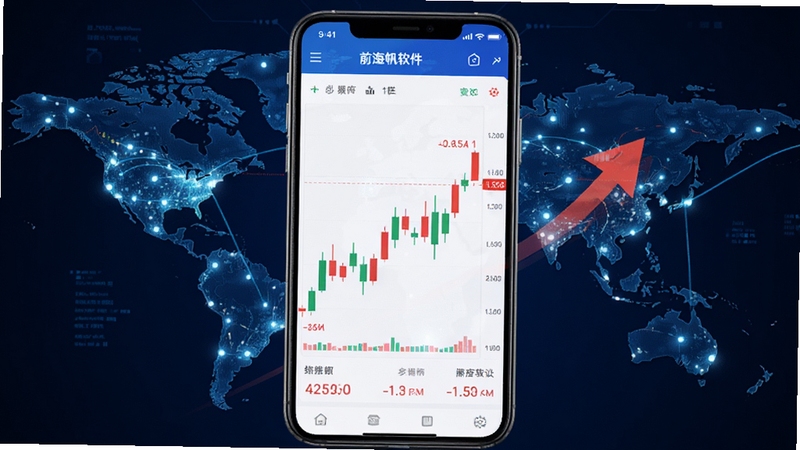 前海金帆软件主界面预览图,手机屏幕显示K线图表与红色上涨数据,背景为深蓝色科技感金融世界地图,整体画面明亮清晰,突出软件专业与智能感,居中构图,风格写实,分辨率高清