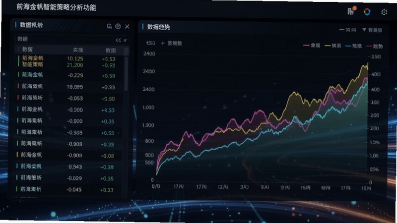 前海金帆智能策略分析功能截图,左侧为数据列表,右侧为彩色折线趋势图,界面采用深色主题,数据可视化效果突出,背景有流动的光效,渲染出高科技金融氛围,画面细节丰富