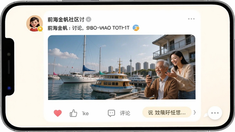 前海金帆社区讨论界面,显示用户发布的动态卡片,有文字与配图,点赞与评论按钮,背景为暖白色,整体风格活跃温馨,强调互动氛围,模拟手机聊天界面,画质清晰