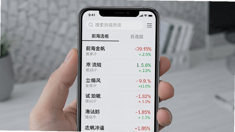 前海金帆实时行情列表界面,手机竖屏显示多只股票名称与涨跌幅,红绿色数字跳动,背景为浅灰色商务风格,顶部有搜索栏与自选股标签,界面简洁现代,细节丰富,画质清晰