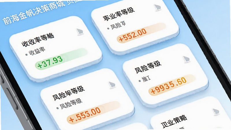 前海金帆决策商城页面预览,展示多个策略卡片,卡片上标注收益率与风险等级,背景为浅蓝色渐变,风格清新明快,卡片圆角设计,有立体阴影,模拟手机应用商店界面,画质细腻