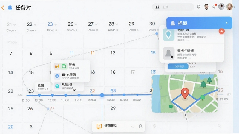 Match软件的任务配对界面,展示任务与时间轴、地图位置的绑定关系,背景为日历与提醒弹窗,风格清爽明快