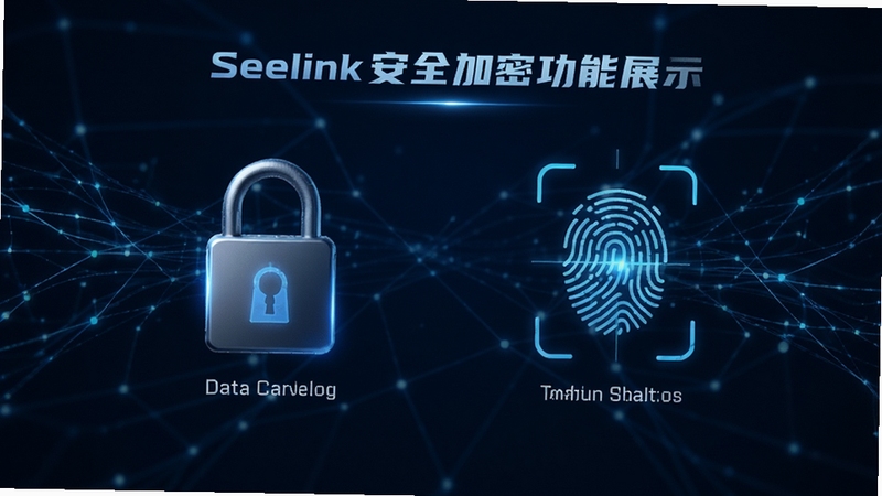 Seelink安全加密功能展示,界面显示加密锁与指纹验证图标,背景为深蓝色科技感网络线条,强调数据防护能力。