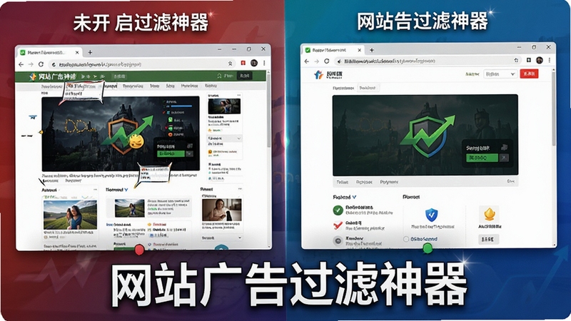软件运行中拦截广告的对比示意图,左侧为未开启广告过滤的杂乱网页,右侧为开启网站广告过滤神器后的干净页面,画面中突出软件名称“网站广告过滤神器”,风格写实,色彩鲜明。