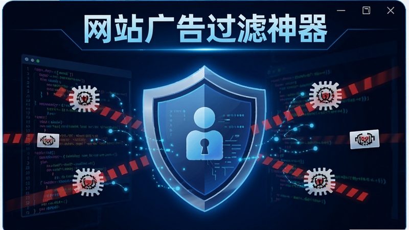 展示网站广告过滤神器隐私防护功能的界面,画面为盾牌图标保护用户数据,背景有代码和追踪器被阻断的视觉元素,软件名称“网站广告过滤神器”出现在界面顶部,风格科技感强,蓝色调为主。