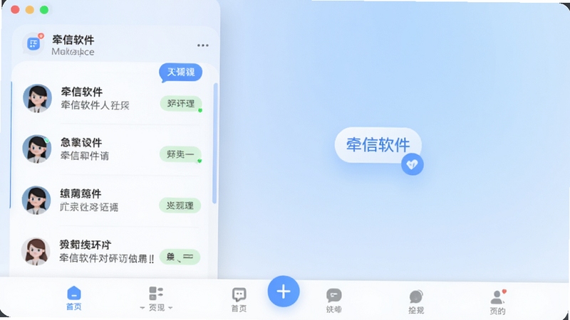 牵信软件主界面预览图,展示聊天列表与底部导航栏,背景为淡蓝色渐变,整体风格现代简约,图标圆润清晰,突出社交沟通的核心场景
