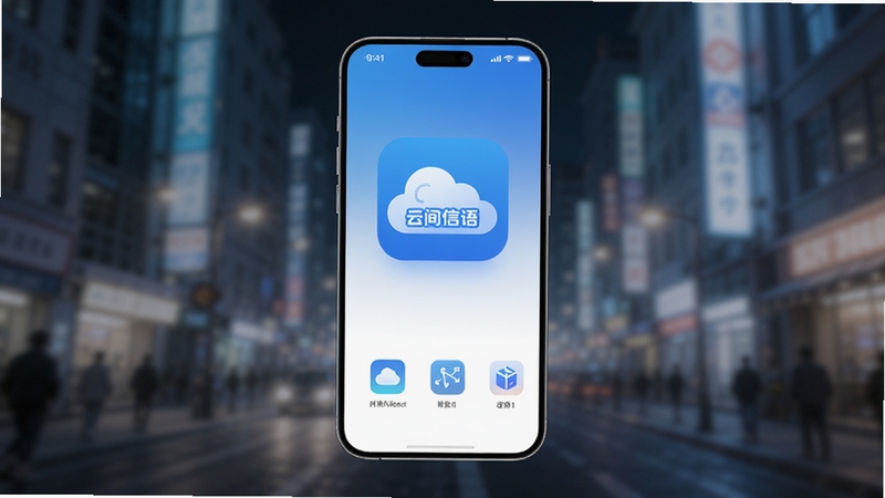现代感十足的智能手机屏幕中央悬浮着云间信语APP界面,界面设计简洁清爽,以蓝白渐变为主色调,下方是几个功能图标,背景为模糊的都市光影,整体画面通透,突出软件沟通核心,竖版构图,产品渲染风格