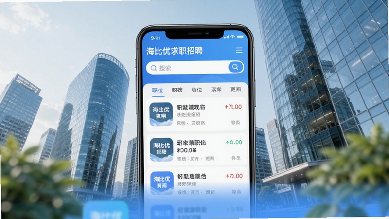 海比优求职招聘APP主界面预览图,展示职位列表与搜索框,背景为现代城市写字楼,画面中心突出手机屏幕内容,整体色调清新明亮,前景虚化处理,适合作为软件首图