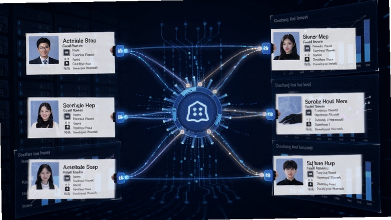 海比优求职招聘智能匹配功能示意图,画面展示算法将用户简历与多家企业需求进行连线匹配,背景为数据流和图表,突出人工智能与高效连接的主题,风格科技感十足
