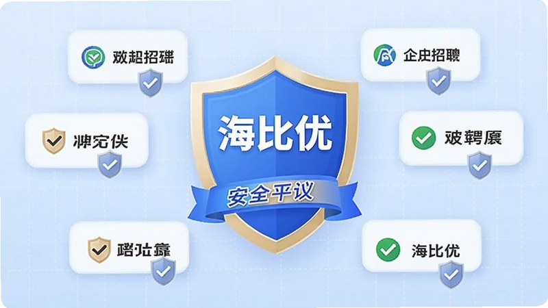 海比优求职招聘企业认证安全标识展示图,画面中央为一枚盾牌形状的认证徽章,周围环绕着经过审核的企业logo,背景为淡蓝色网格,突出安全、可靠、放心的平台氛围