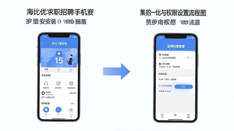 海比优求职招聘手机安装与权限设置流程图,画面分为左右两个部分,左边是手机下载安装界面,右边是应用权限管理界面,风格简洁明了,突出步骤指引