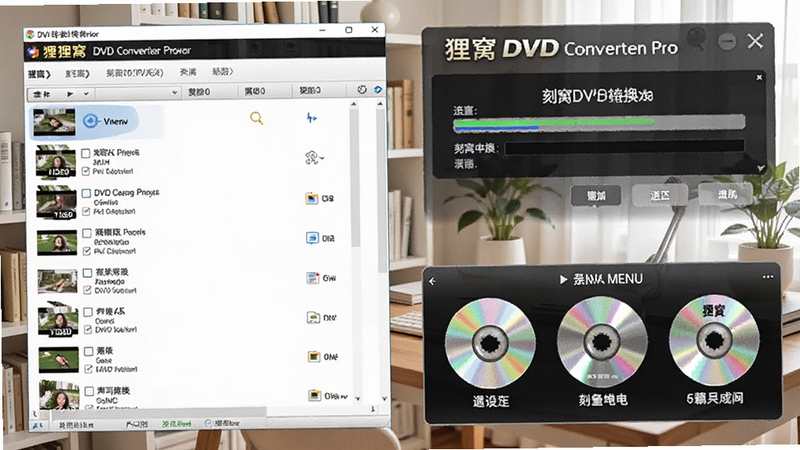 描绘狸窝DVD转换器进行光盘刻录的场景,画面左侧是视频文件列表,右侧是刻录进度提示,下方有光盘菜单样式选择,背景为明亮的书房环境,突出软件刻录功能,必须包含狸窝DVD转换器软件名称