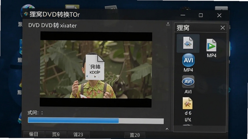 展示狸窝DVD转换器进行格式转换时的界面,画面中显示视频文件正在转换,进度条为蓝色,右侧有输出格式选择菜单,包含MP4、AVI等图标,背景为深色电脑桌面,突出软件工作状态,必须包含狸窝DVD转换器软件名称
