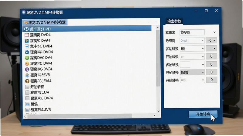 一张高清的电脑屏幕截图,显示狸窝DVD至MP4转换器主界面,左侧为DVD章节列表,右侧为输出参数设置面板,界面风格简洁现代,标题栏显示“狸窝DVD至MP4转换器”字样,整体色调以深蓝和白色为主,背景为工作室环境,鼠标光标指向“开始转换”按钮,画面清晰明亮,细节丰富,Boogu模型生成。