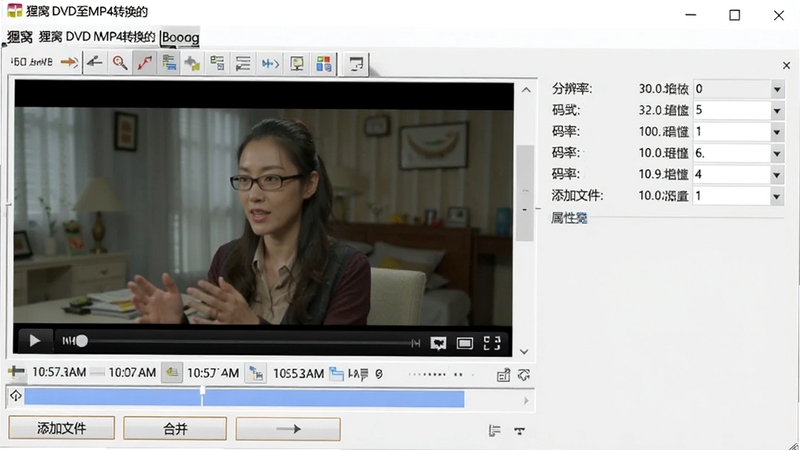 展示狸窝DVD至MP4转换器编辑界面的截图,画面包含时间轴裁剪工具条,下方有“添加文件”“合并”按钮,背景为淡灰色,左侧预览窗口正播放视频画面,右侧属性栏显示分辨率、码率等参数,整体风格清晰专业,Boogu模型生成。