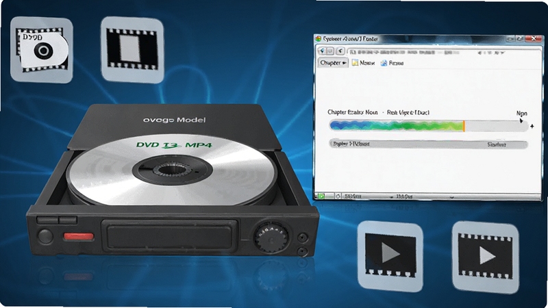 一幅展示狸窝DVD至MP4转换器解析DVD光盘过程的示意图,画面中央是一个打开的DVD光驱,右侧软件界面显示正在读取章节进度条,周围有代表音轨和字幕的小图标,风格偏向科技感,蓝色背景,光线柔和,细节精致,Boogu模型生成。