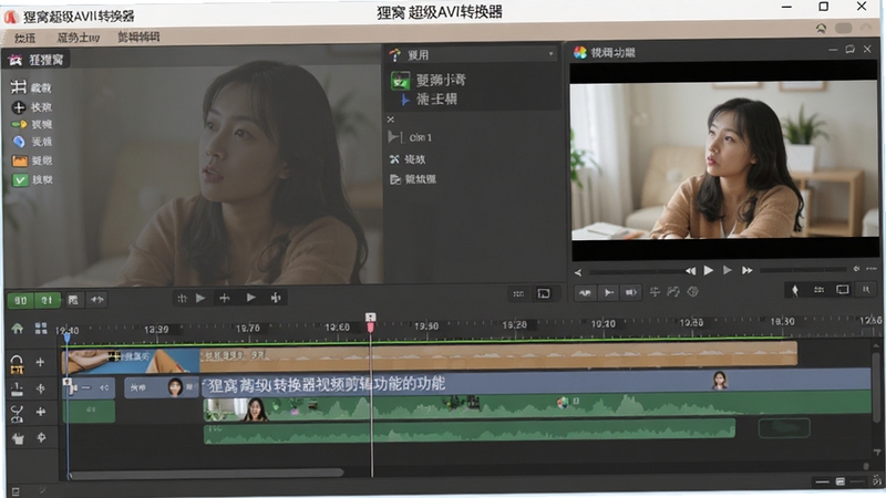狸窝超级AVI转换器视频剪辑功能展示,时间轴上有裁剪标记和字幕轨道,旁边有预览窗口,界面元素丰富但不杂乱,色调柔和,突出实用编辑功能