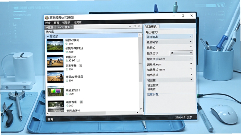 狸窝超级AVI转换器主界面预览图,展示软件全貌,背景为淡蓝色科技感工作台,中央是软件窗口,左侧为视频添加列表,右侧为输出格式选择区,界面清爽明亮,细节清晰,适合作为软件展示图
