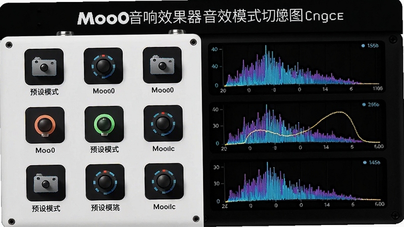 Moo0 音响效果器音效模式切换示意图,左侧为多种预设模式图标,右侧为相应的音频频谱响应曲线,画面清晰展示不同模式对声音的调整差异
