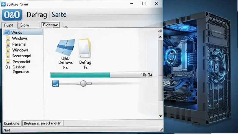 O&O Defrag 启动文件加速功能运行截图,显示正在整理Windows系统文件,进度条清晰可见,背景有计算机硬件抽象图形,科技感强,光线柔和