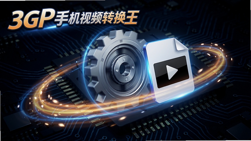3GP手机视频转换王的极速转换引擎工作示意图,画面展示一个高速运转的齿轮与视频文件图标,周围有流畅的光影线条表示转换速度极快,背景为深色科技电路板纹理,软件名称“3GP手机视频转换王”以艺术字形式出现在画面角落,视觉效果动感十足