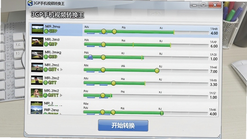 3GP手机视频转换王的批量处理功能界面预览图,画面显示软件界面中同时列队多个视频文件,进度条均处于不同完成状态,界面下方有清晰的开始转换按钮,背景为浅灰色工作台风格,软件名称“3GP手机视频转换王”在界面左上角显示,整体风格务实且专业