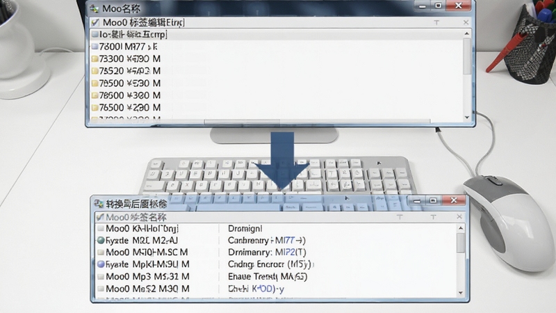 展示Moo0 Mp3信息编辑器文件名与标签互转功能的操作演示图,画面上方为原始文件名列表,下方为转换后的标签预览,中间用箭头连接,背景为干净的白色工作台,突出功能逻辑清晰。