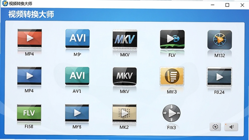 视频转换大师格式选择界面,显示多种视频格式图标如MP4、AVI、MKV、FLV等,界面清爽,背景为渐变蓝色,软件名称“视频转换大师”置于左上角,画面清晰明亮