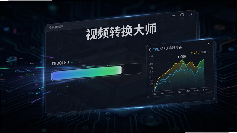 视频转换大师转换过程动态效果图,展示进度条快速推进和CPU/GPU占用率图表,背景为科技感暗色调,软件界面浮层显示“视频转换大师”字样,画面动感专业