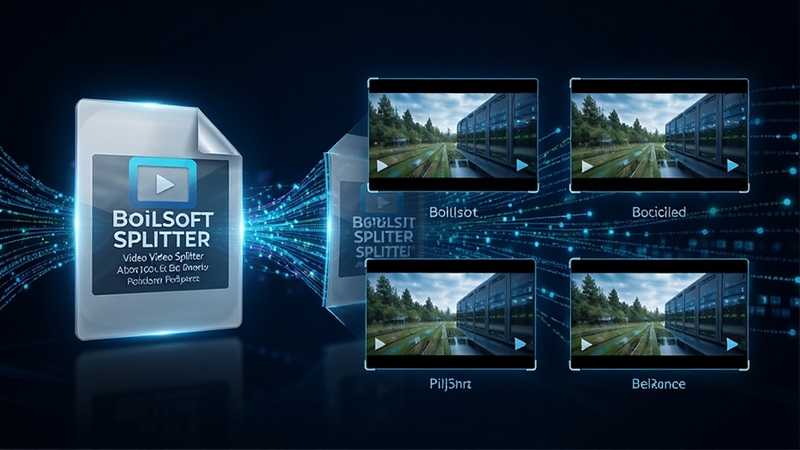 Boilsoft Video Splitter 无损分割技术示意图,画面展示视频文件被切割成多个片段,每个片段画质清晰,背景有数据流动线条,科技感强,高清