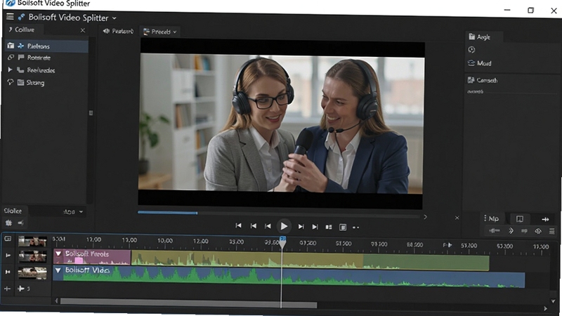 Boilsoft Video Splitter 软件主界面预览图,画面中心展示视频预览窗口与时间轴分割轨道,背景为深色操作面板,整体风格简洁专业,高清渲染